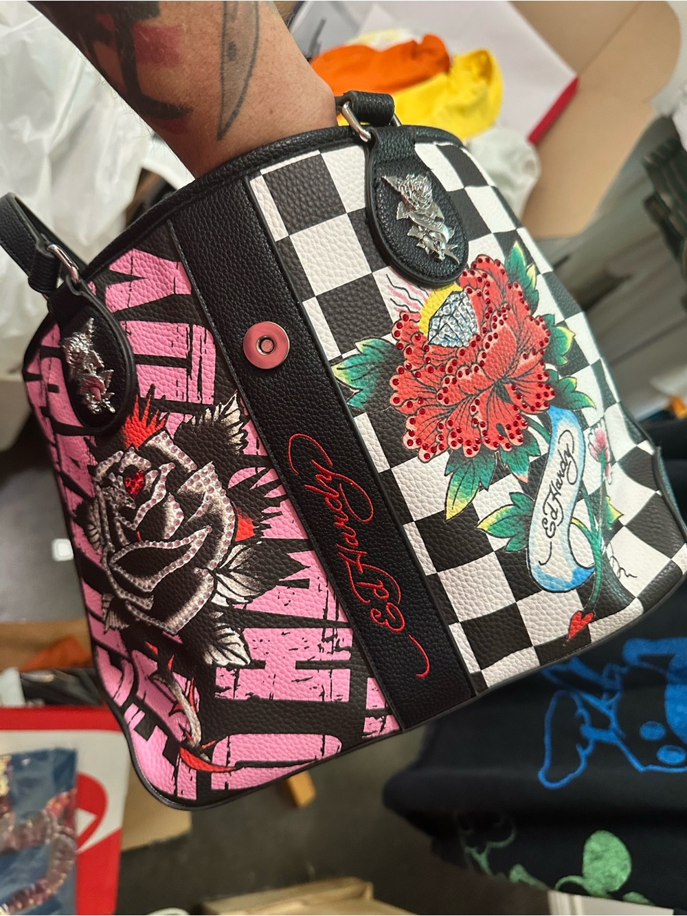 Ed Hardy Pink, Black & White Floral Tattoo Shoulder Bag - Picture 2 of 13